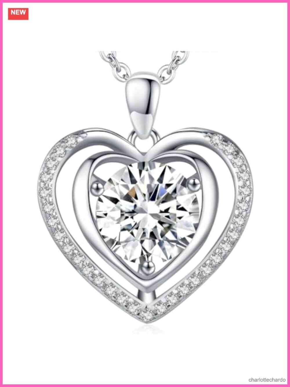 Moissanite Heart Pendant Necklace 925 Sterling Silver Platinum Filled